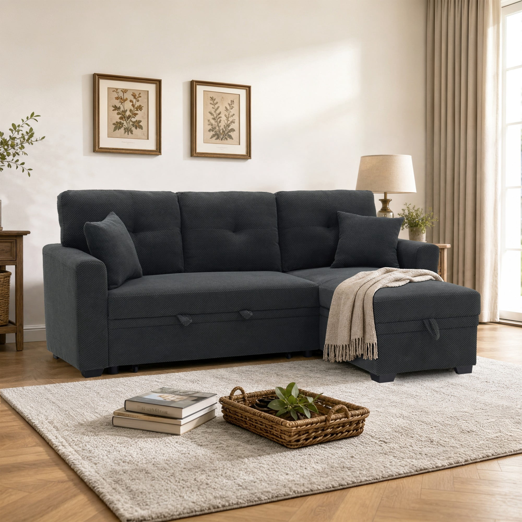 BSHTI 71"Foil Fabric L-Shaped Pull-Out Sleeper Sofa Bed with Reversible Chaise, Hidden Storage for Living Room（Dark Gray）