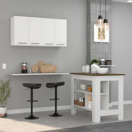 Newboti Furniture Burlingame 5-Shelf 4-Door 2-piece Kitchen Set, Kitchen Island and Upper Wall Cabinet White and Walnut 23399