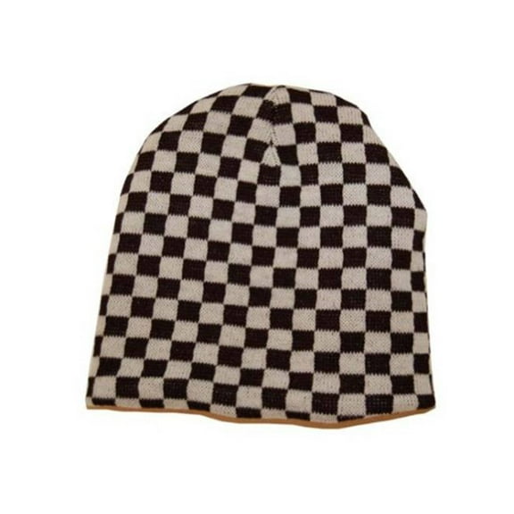 Reversable Black White Checker Beanie Cap - White
