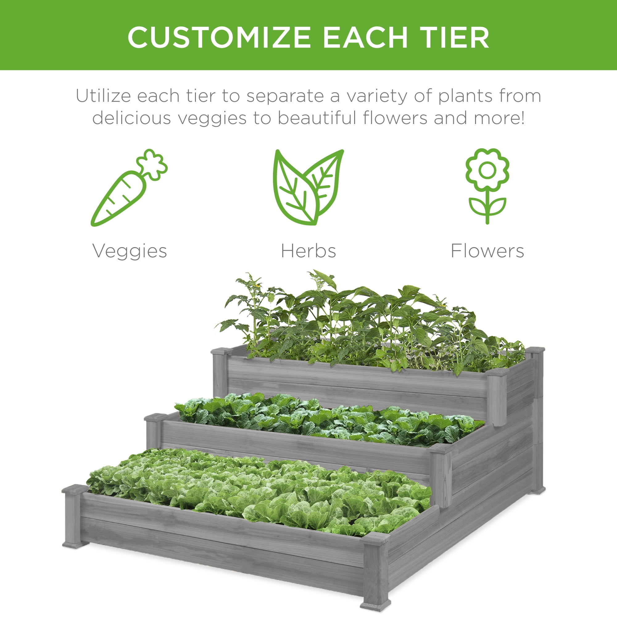 Best Choice Products 3-Tier Fir Wood Raised Garden Bed Planter for Plants, Vegetables, Outdoor Gardening - Gray