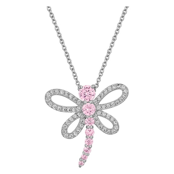 Sterling Silver-Plated Simulated Pink Sapphire with CZ Accents Dragonfly Pendant Necklace, 18