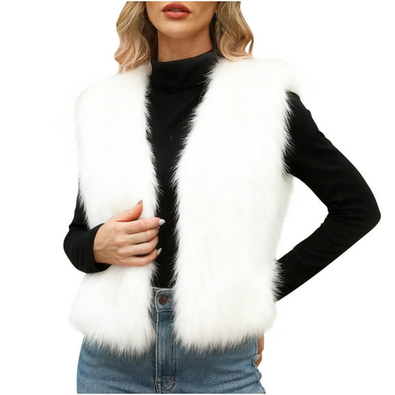 Hueook Womens Jean Jacket Womens Ladies Warm Faux Furry Coat Jacket Winter Solid Round Neck Outerwear White L