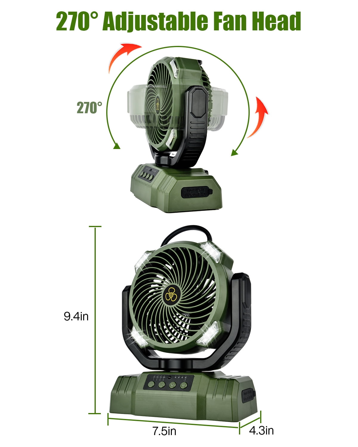 Powered Camping Fan, Portable Rechargeable Tent Fan with 3-Level LED Light, Hanging Hook, Remote Control, 4 Speeds & 4 Timers, Quiet Tent Fan with 10000mAh Battery for Outdoor Travel