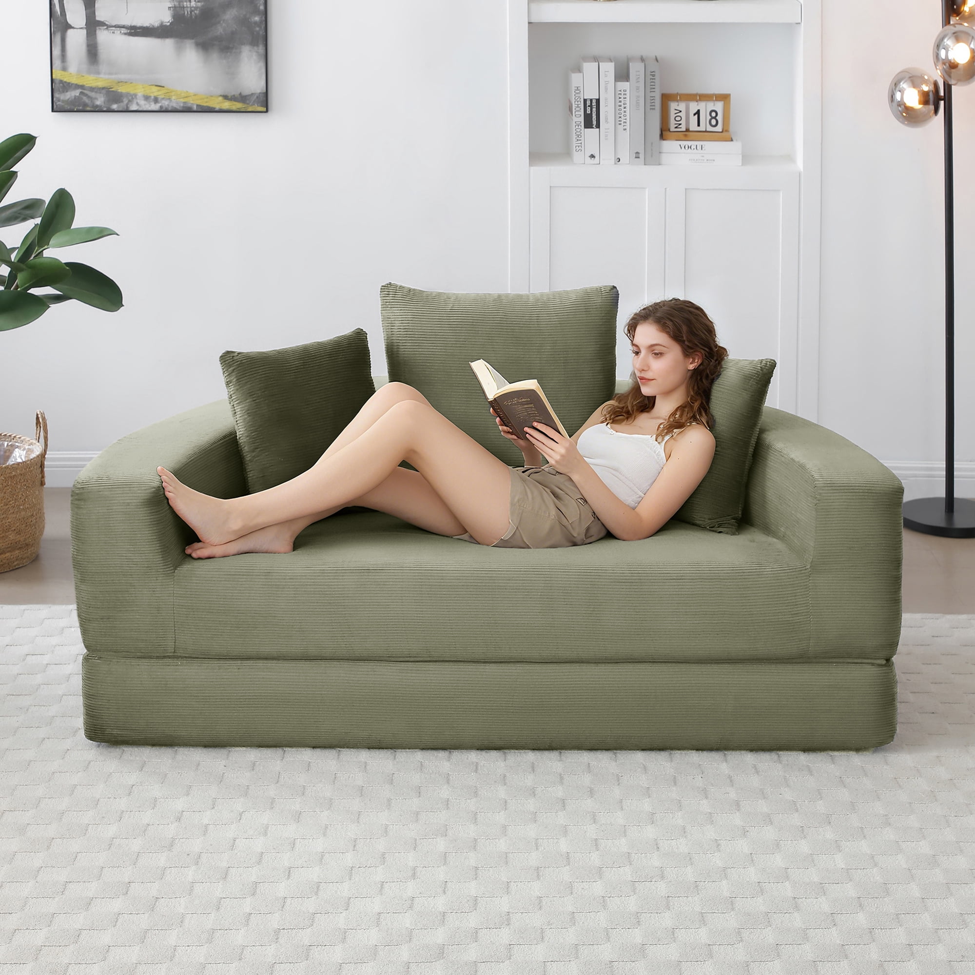 Miniyam 67" X 67" Convertible Sofa Corduroy Couch Bed For Apartment, Adjustable Futon Sofa No Assembly Compressed Sofa, Green