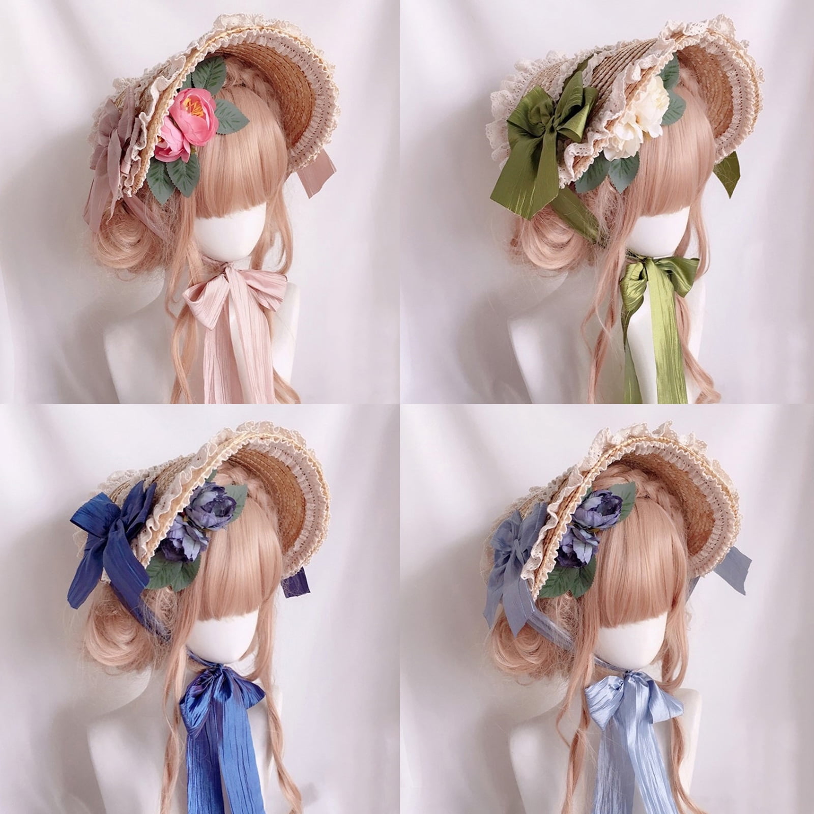 Gorgeous Lolita Flat Top Hat French Lace Flower Ribbon Bonnet Hat All-match Summer Sunshade Straw Hat for Girls Women