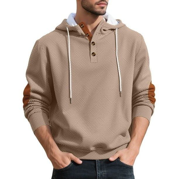 pstuiky hombres de manga larga, Blusa informal holgada de color liso con botones y cordón de moda para hombre, de manga larga, con capucha tops de invierno para hombre m