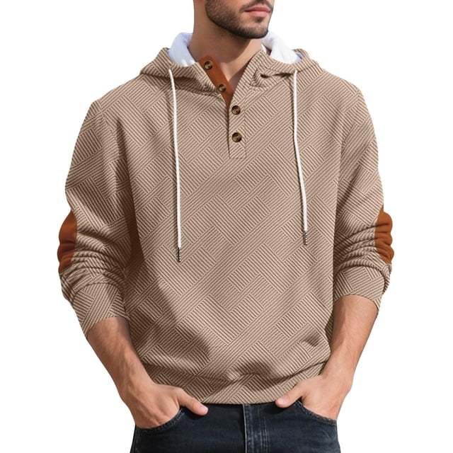 pstuiky hombres de manga larga, Blusa informal holgada de color liso con botones y cordón de moda para hombre, de manga larga, con capucha tops de invierno para hombre m
