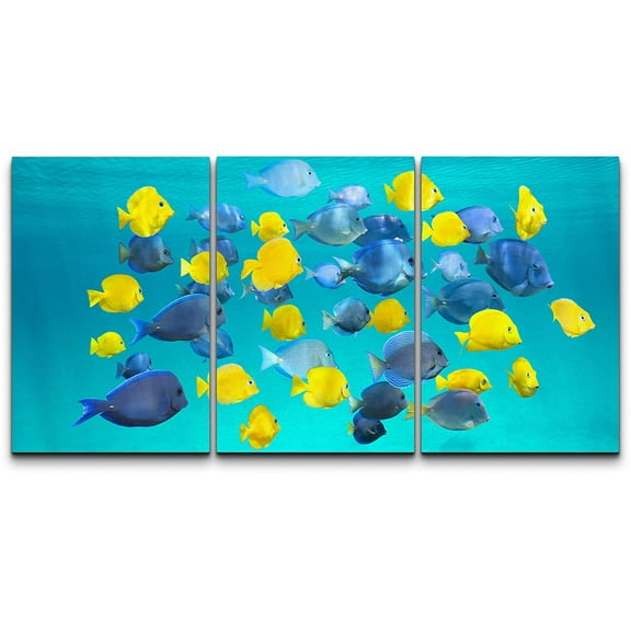 wall26 Wall Art Print Set School of Blue & Yellow Fish in Teal Ocean Marine Life Animals Photography Realism Nautical Scenic Colorful Neon for Living Room, Bedroom, Office - 16"x24" x 3