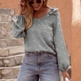 thumbnail image 2 of Womens Chiffon Blouses Long Sleeve V Neck Tops Dressy Casual Loose Pom Pom Shirts Ruffle Trim Shoulder Tshirts Top, 2 of 5