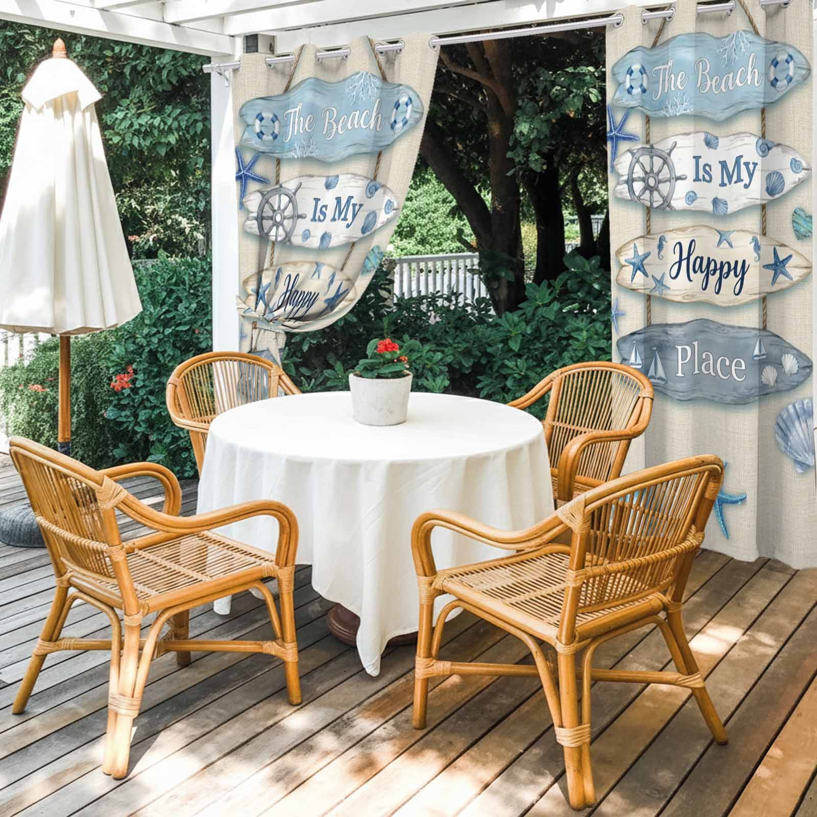 The Beach Is My Happy Place Outdoor Curtains for Patio, Summer Ocean Blue Starfish Shell Seahorse Linen Sunshade Privacy Drapes Grommet Waterproof Outside Curtains for Porch Balcony 54"x108", 1 Panel