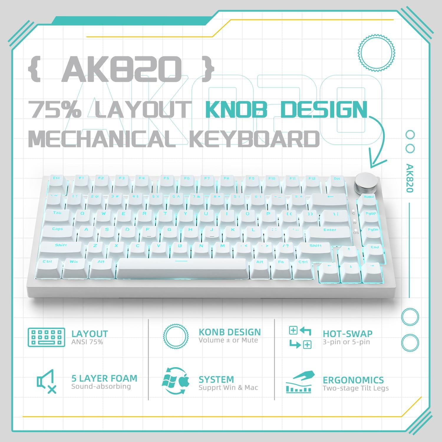AJAZZ AK820 75% Wired RGB Hot Swap Mechanical Keyboard with CNC Volume Knob,Poron Foam Gasket Mounted,South Facing LED,OME Profile PBT Keycap-Blue Light,NKRO,Blue Clicky Switch(White)