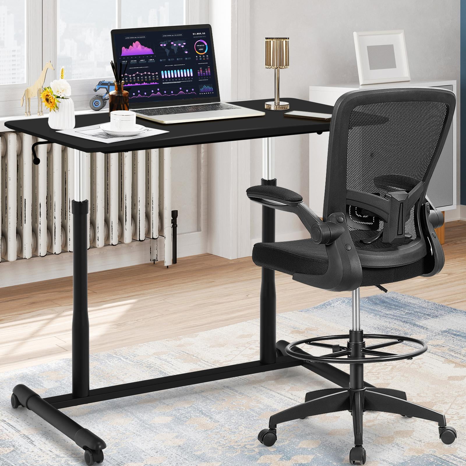 Giantex Mobile Height Adjustable Standing Desk, Compact Pneumatic Sit to Stand Computer Desk w/ Lockable Casters, Ergonomic Rolling Laptop Table for Home Office, Black
