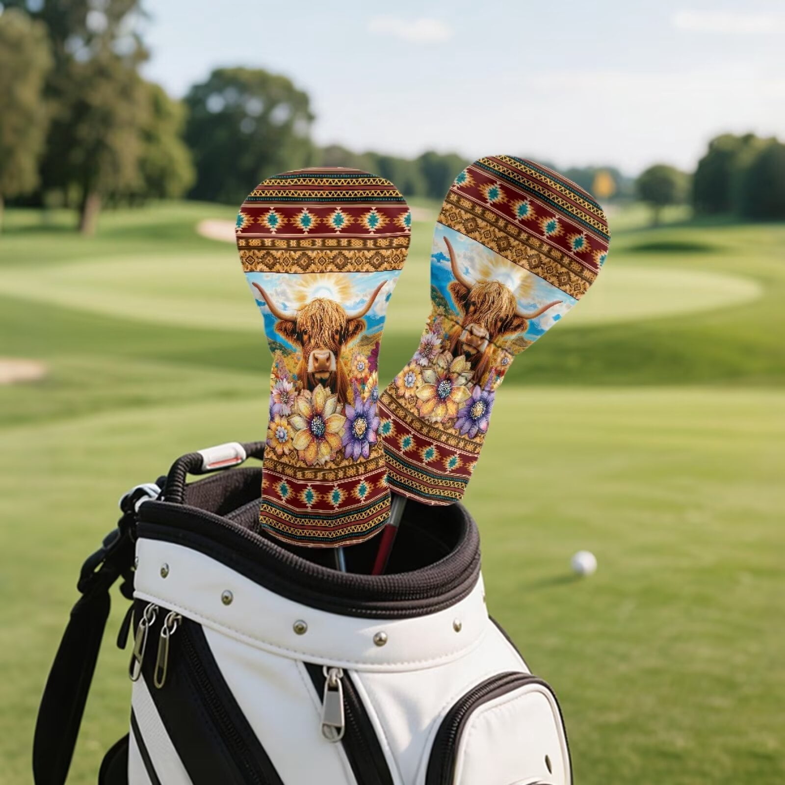 Uorisanigo Golf Headcovers Premium Leather Driver Cover Fariway Wood Headcover Hybrid Head Covers, Waterproof Elastic Ethnic Highland Cow Aztec Golf Club Head Covers Accessories, 3 Pcs