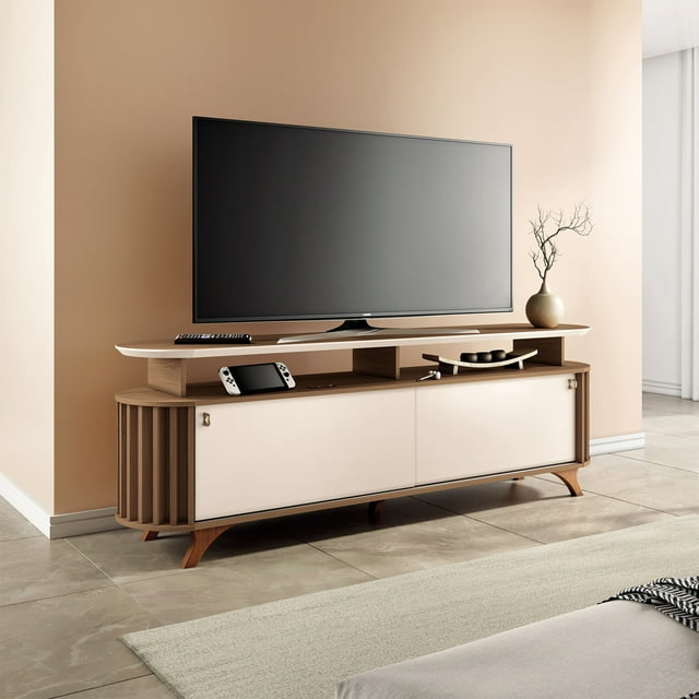 Mueble para TV hasta 70” Bossa Alba Castaño/Blanco hueso | Diseño Curvo | Puertas Corredizas | Estante Abierto
