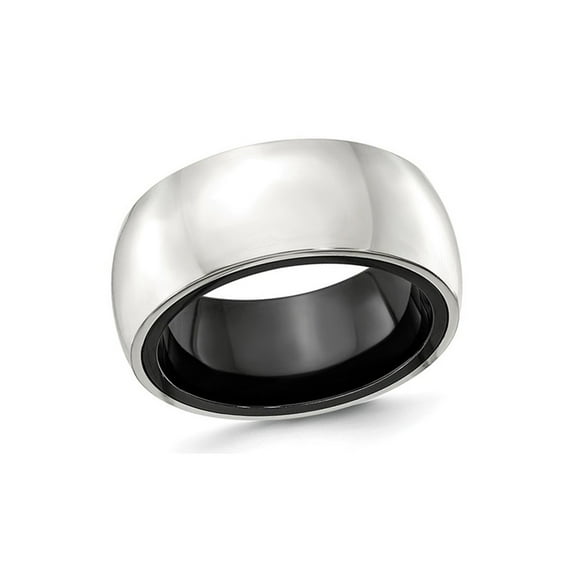 Gem & Harmony Mens Black Titanium with Silver Dome Band Ring (10mm) for Men