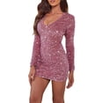 thumbnail image 2 of YMNXA Women's Dress Long Sleeve V Neck Solid Color Sequins Slim Fit Elegant Dresses For Party Pink Xs, 2 of 6