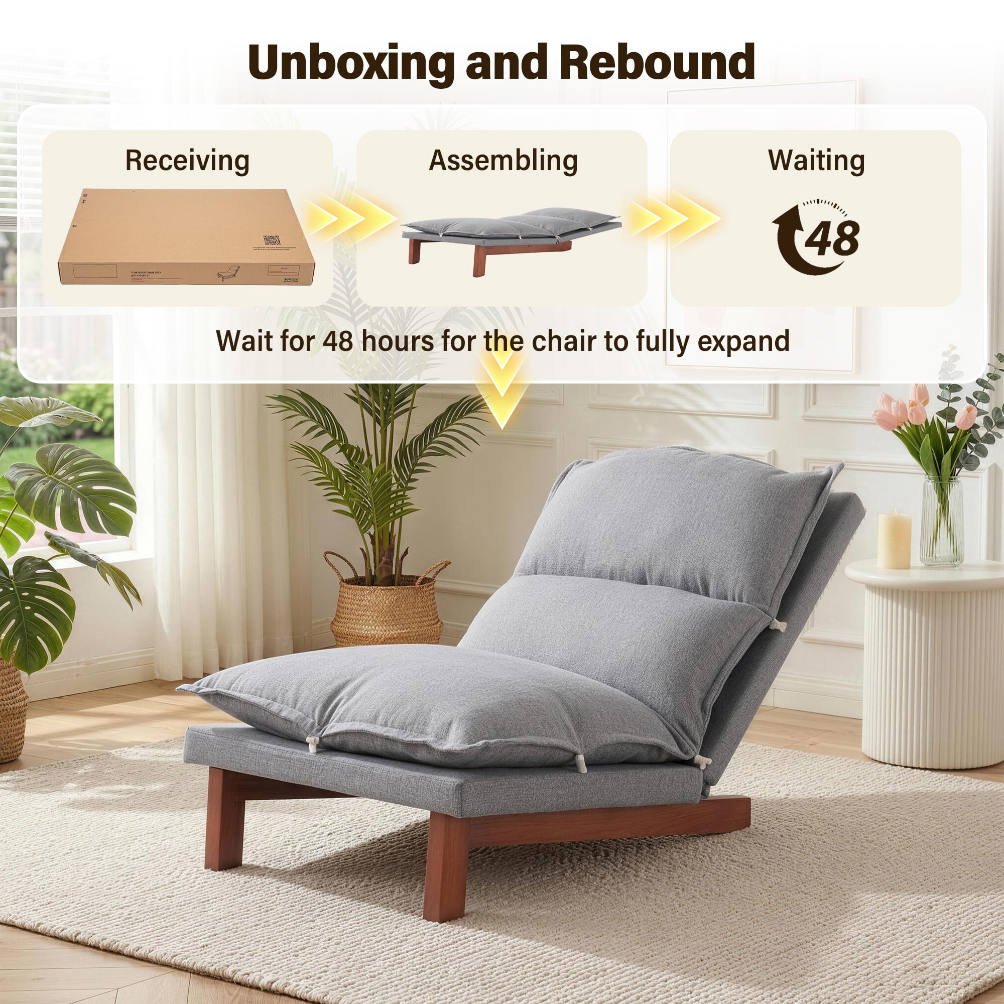 AENKYO 5-Position Adjustable Floor Lounge Chair, Gray Linen Tatami Recliner with Solid Wood Legs for Living Room
