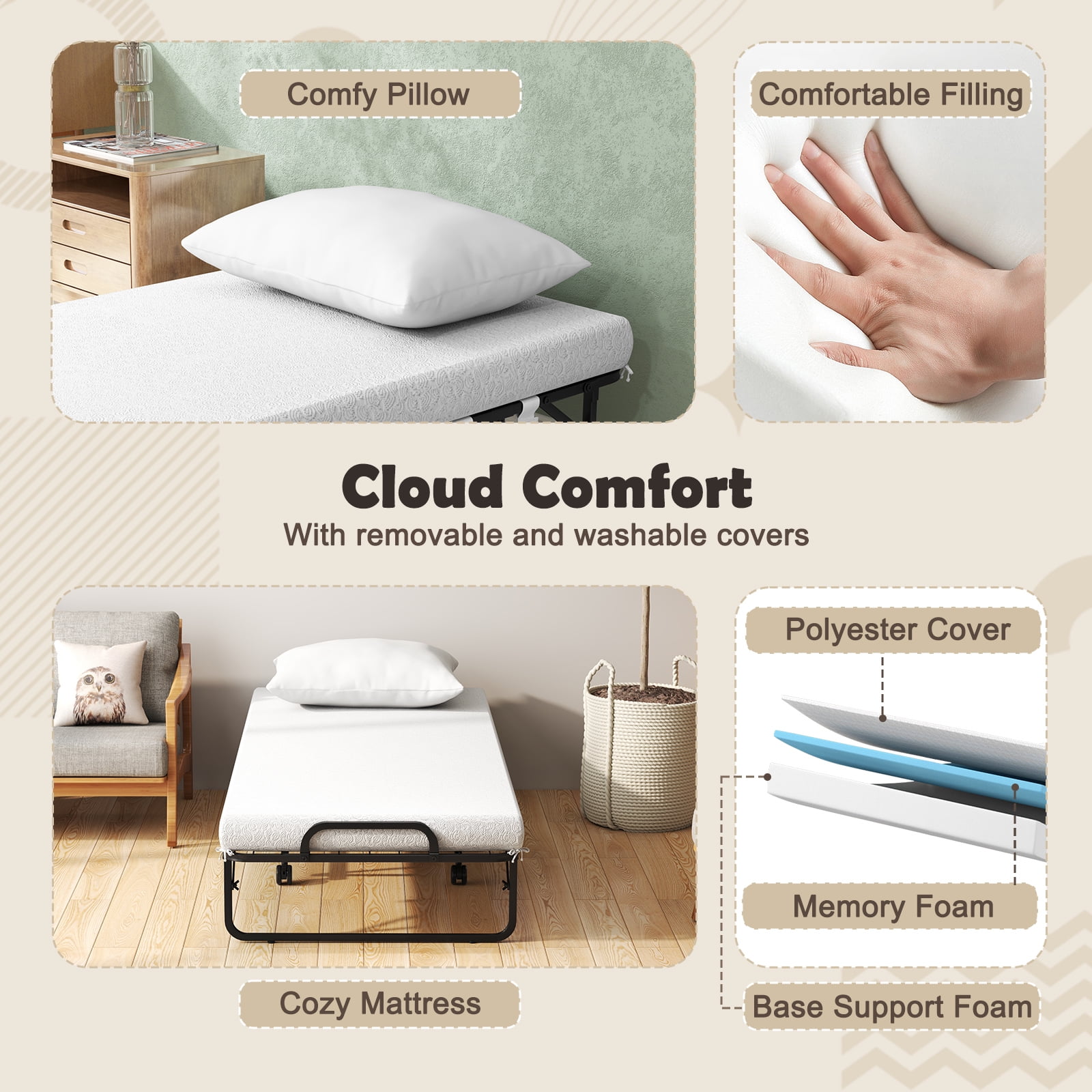 Topbuy Folding Bed with Mattress 75" x 31" Cot Size Rollaway Adult Bed with Memory Foam Mattress &Pillow