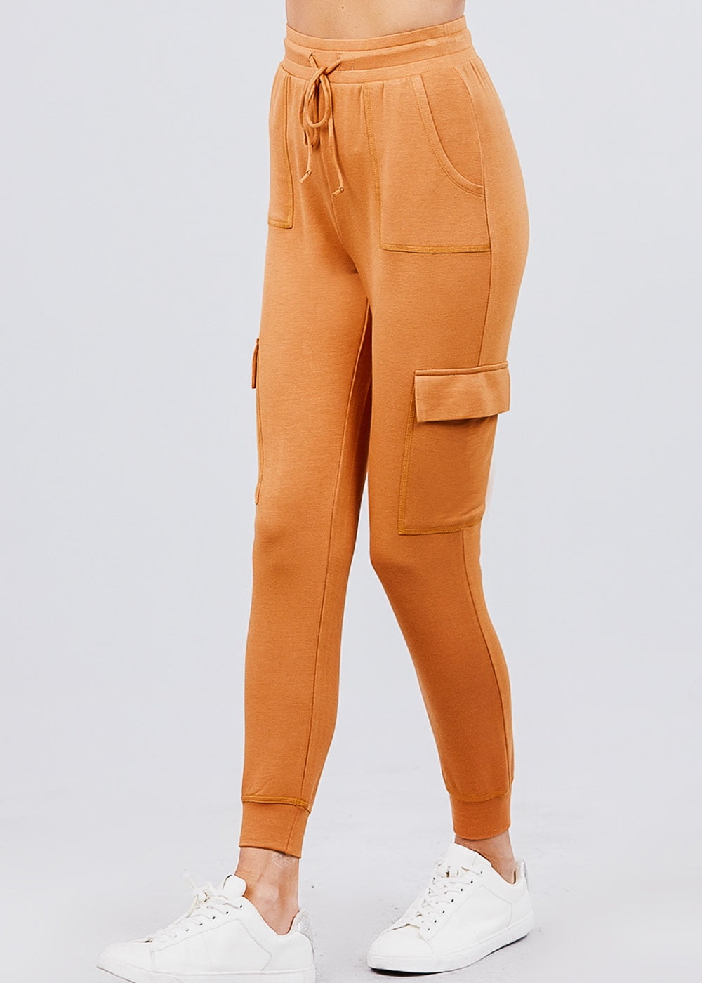 Moda Xpress - Womens High Waisted Jogger Pants Cargo Style Drawstring Waist Rust Cargo Jogger