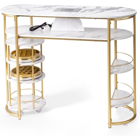 OmySalon Manicure Table w/Dust Collector & Trolley White Marbling Modern Nail Station w/Rolling Storage Cart Nail Desk for Nail Tech for Salon Spa Beauty Makeup Acetone Resistant