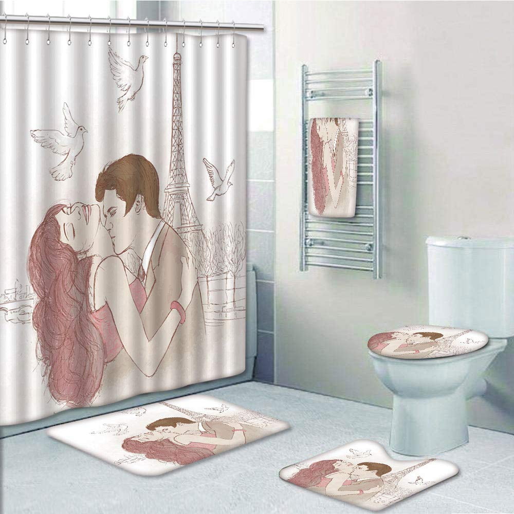 Paris Heart And Eiffel Tower Bathroom Door Mat with Non Slip Backing 16X24" 
