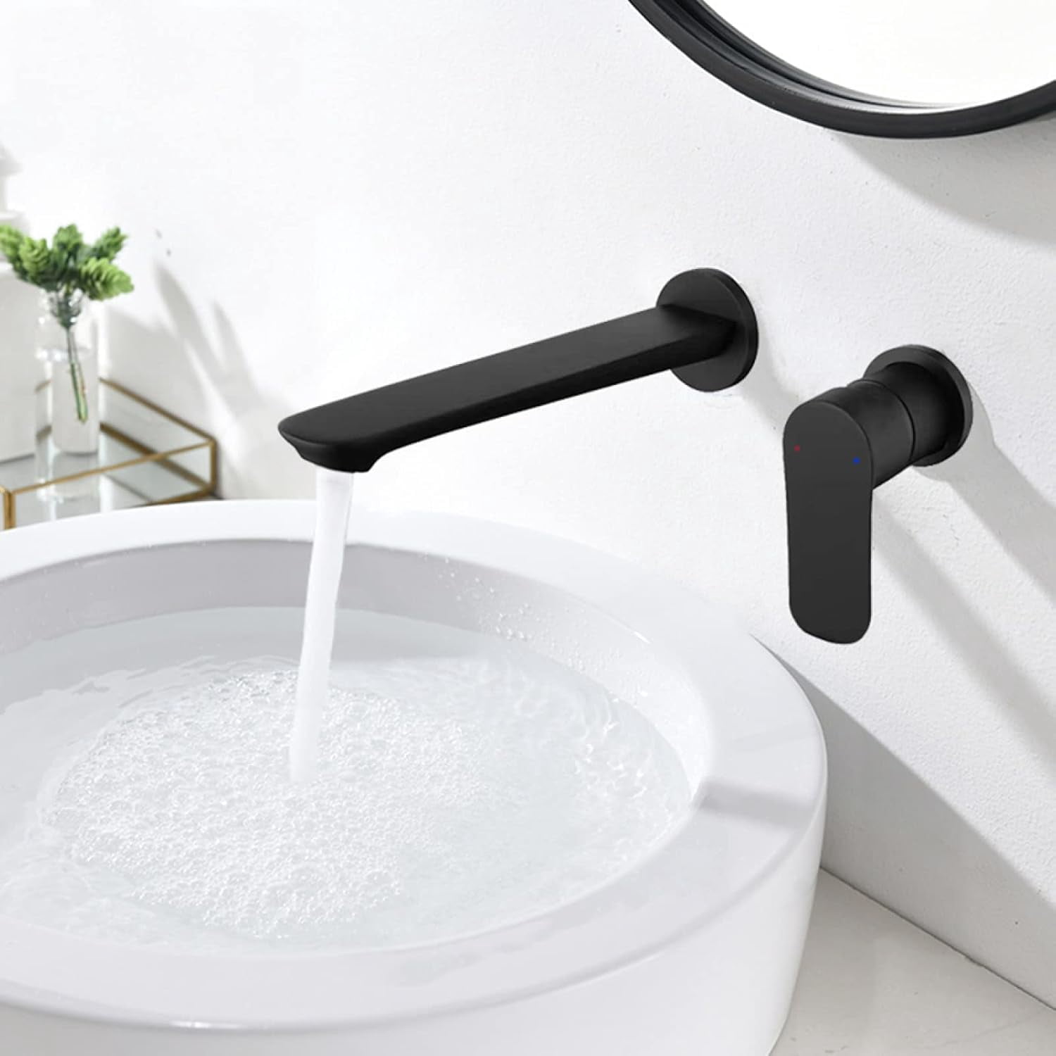 Wall Mounted Bathroom Sink Faucet Black, Hot and Cold, 2-Hole Single Handle Bathroom Sink Faucets, 360 Swivel Spout Sink Faucet, Split
