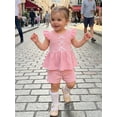 thumbnail image 4 of AceBaby Toddler Baby Girls Summer Outfits, 6M-5TRuffled Sleeve Bow T-Shirt and Shorts  2Pcs Set Clothes, 4 of 9