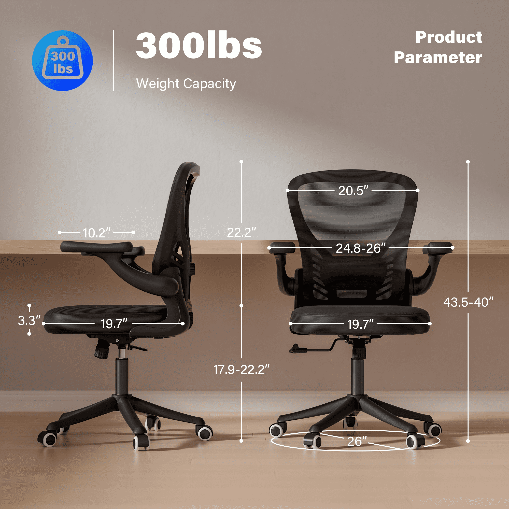 HomeZeer Mesh Middle Back Home Office Desk Chair with Caster and Flip-up Arms, Black