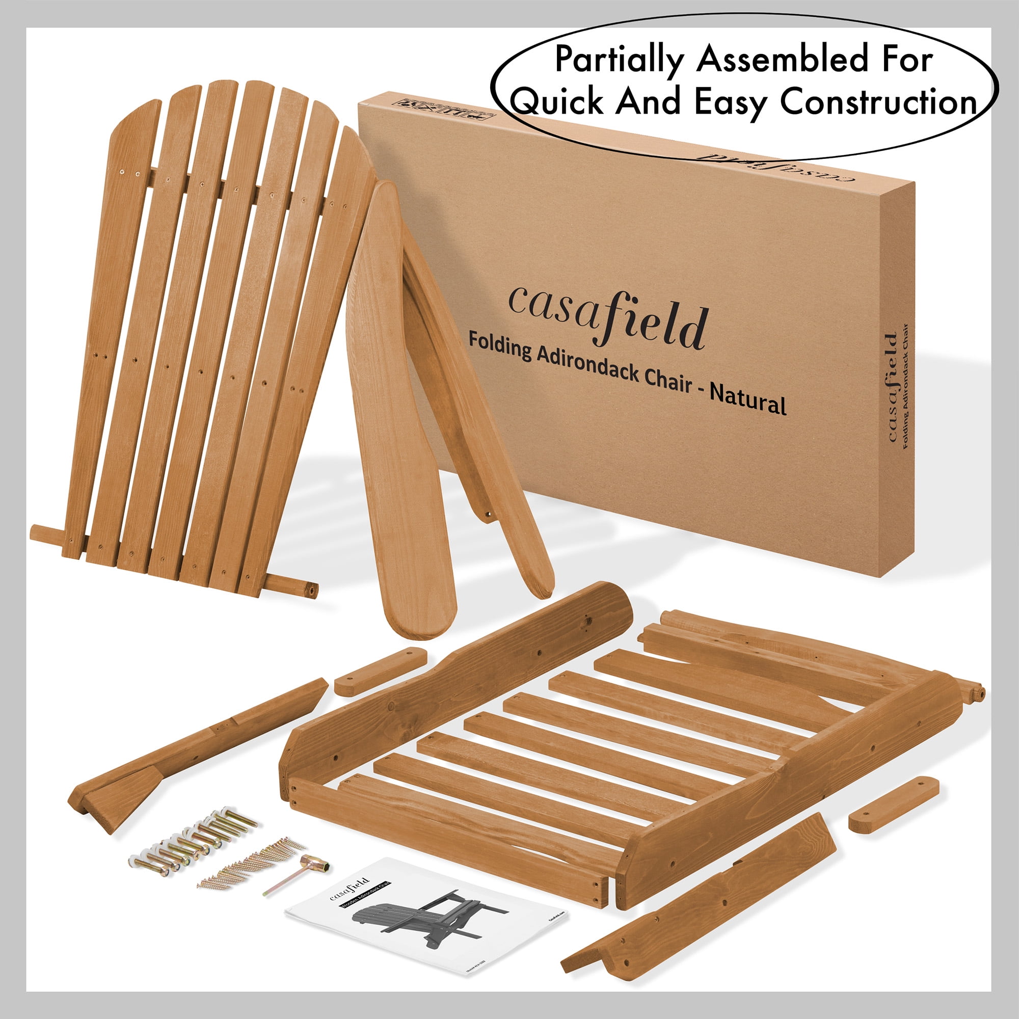 Casafield Folding Adirondack Chair, Cedar Wood Outdoor Fire Pit Lounge Chairs for Patio, Deck, Lawn and Garden Seating, Partially Pre-Assembled - Natural
