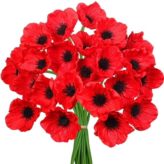 Xiao Hua artificial poppy stem PU real touch imitation poppy flower silver lotus fake flower suitable for wedding bouquets, home garden flower decoration, red, 16 pieces