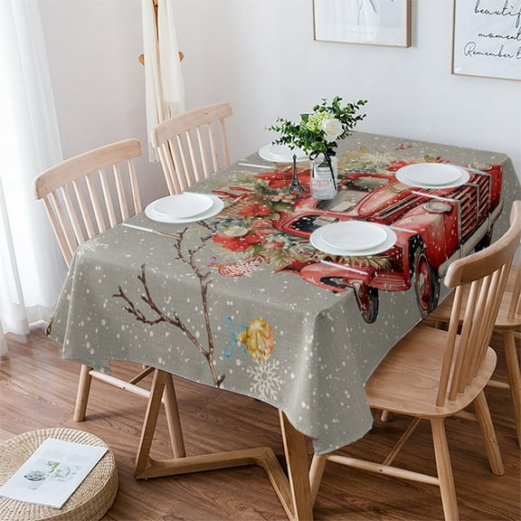 Xmas Red Truck, Tablecloth Rectangle Table Cloth 52x70 , Waterproof Tablecloth Outdoor Table Cloth, Christmas Balls Tree Branch Floral Washable Table Cover for Kitchen Dining Party