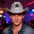thumbnail image 2 of Cowboy Hat for Men Classic Five Point Star Denim Style Stadium Party Stage Attire Casual Wear Accessory, 2 of 5