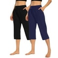 thumbnail image 3 of Iugvhana 2 Pack Capri Leggings for Women - High Waisted Capris Soft Tummy Control Yoga Pants with Pockets Loose Straight Wide Leg Workout Cropped Trousers Black&Navy L, 3 of 10