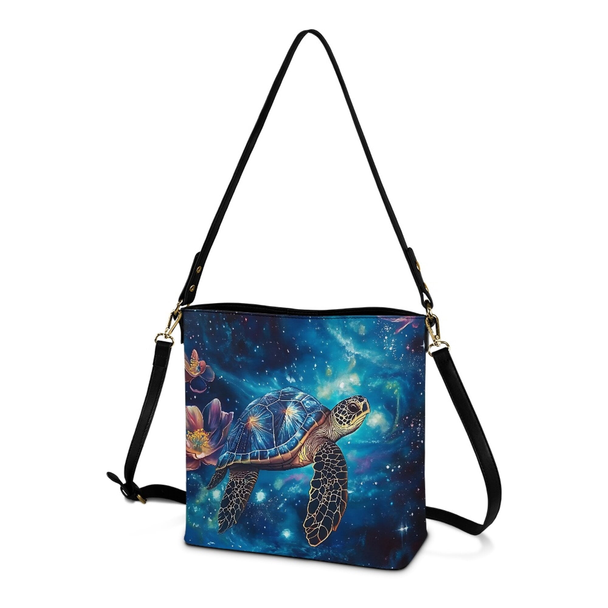 Kuiaobaty Sea Turtle Print Leather Crossbody Bag for Women Lady, Trendy Lotus Print Hobo Satchel Purse with Adjustable Strap, Roomy Bucket Tote Bag Handbag Crossbody for Travel, Blue