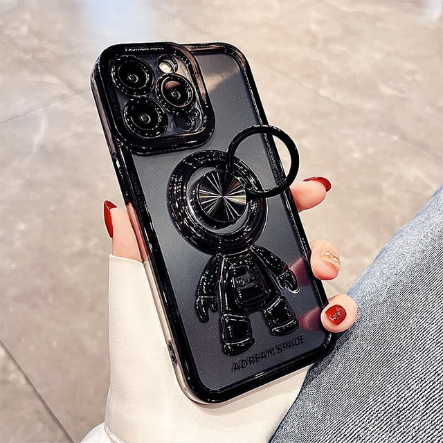 Funda con soporte de anillo de astronauta chapado de lujo para iPhone 14, 13, 12, 11 Pro Max, XS, XR, X, 7, 8 Plus, cubierta protectora transparente a prueba de golpes Fivean unisex