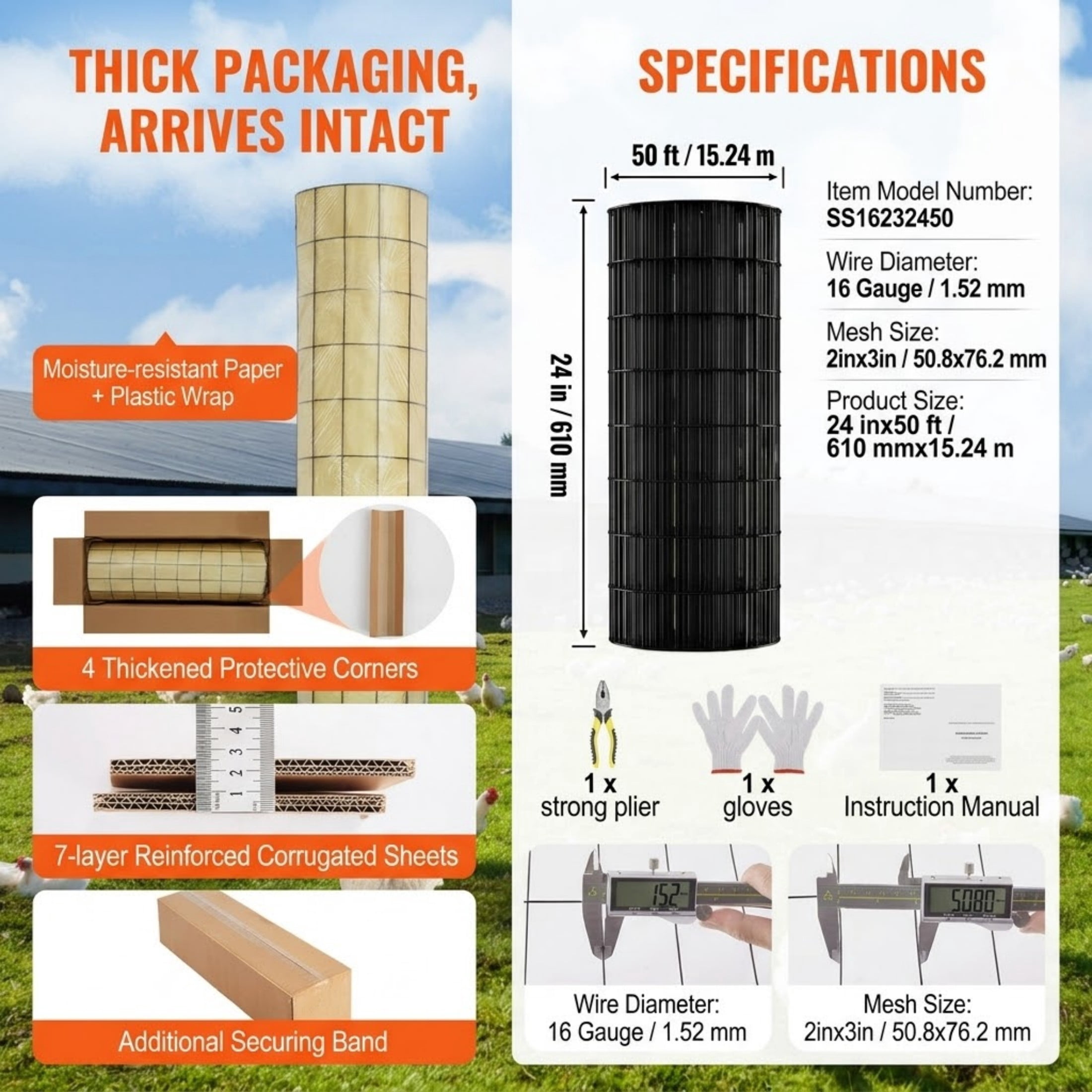 24'' x 50' 16 Gauge Hardware Cloth, Vinyl Coated Galvanized Wire Mesh Roll for Chicken Coop and Poultry Fence