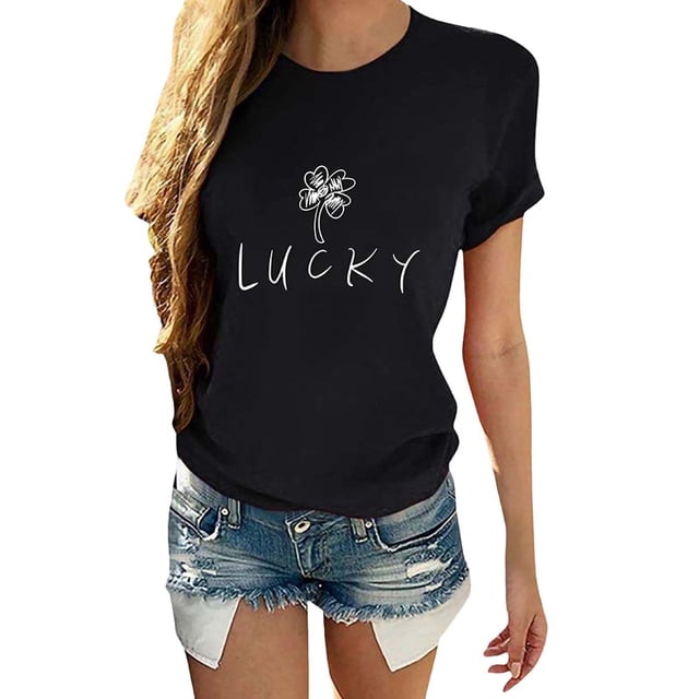 Innerwin Tee Manches Courtes Femmes Tops d'Été Travail Lettre de Chance Confortable T-Shirt Noir XL