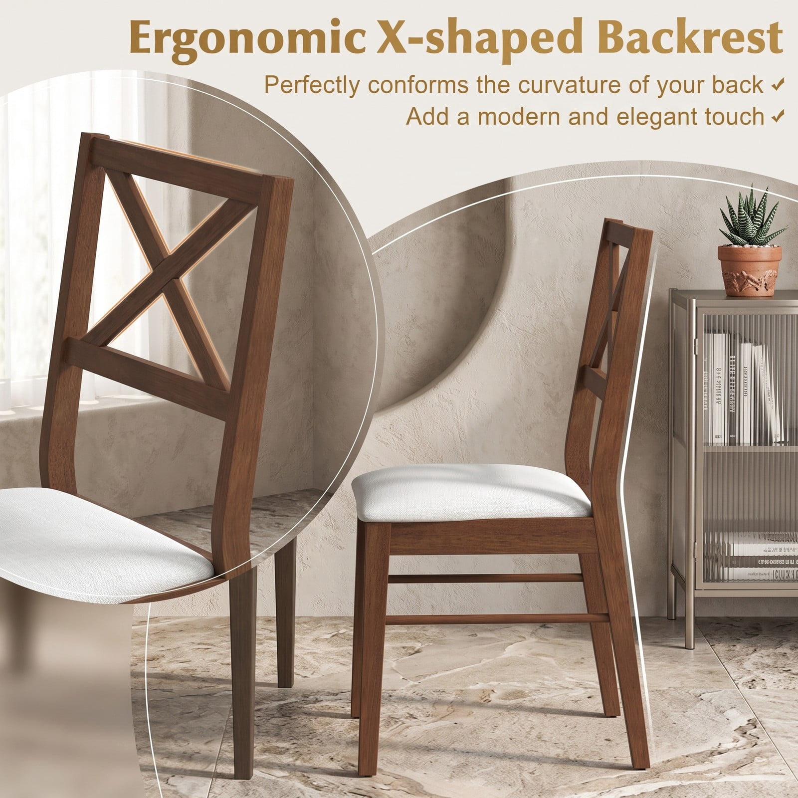Furnibear Upholstered Dining Chairs Set of 2, Padded Side Chairs with Rubber Wood Frame, Ergonomic Cross Backrest & Non-Slip Foot Pads for Kitchen Living Room, Brown
