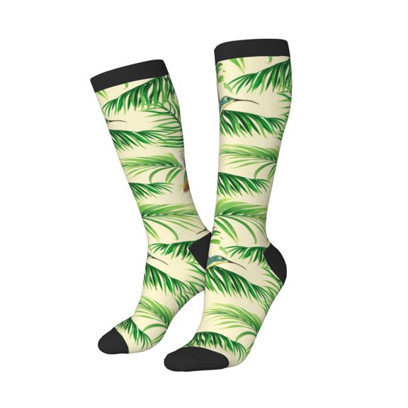 Knee High Socks for Women Men Athletic - Hummingbird Palm Leaf Green Thigh-High Black Sole Comfort Breathable Long Socks for Casual Travel Running