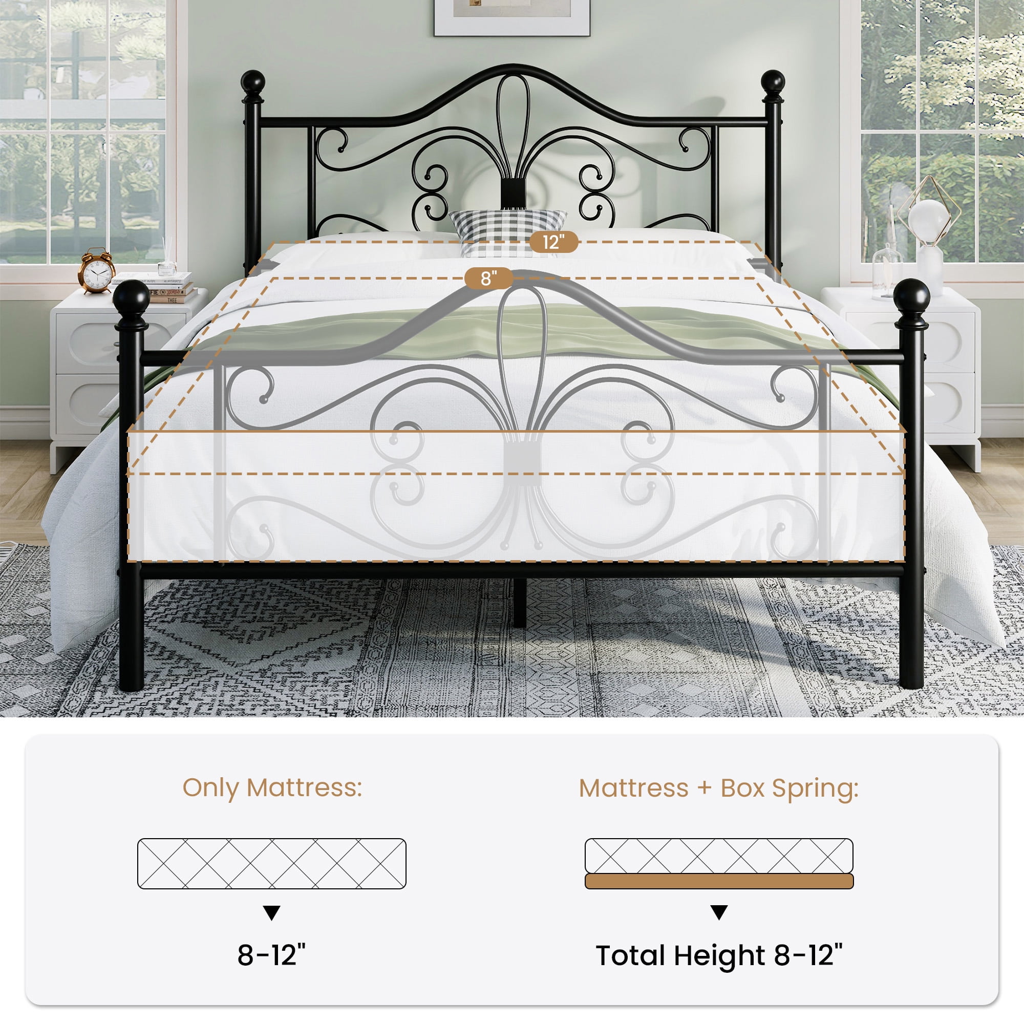Sha Cerlin Queen Size Metal Platform Bed Frame with Victorian Vintage Butterfly Headboard&Footboard, Black