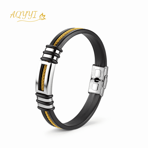 AQYYI Men's Black Leather Bracelet with Inlaid Gold Braided Cord, Fold Over Buckle Wrist Cuff Bracelet Masculine Daily Fashion Accessory Gift for Him