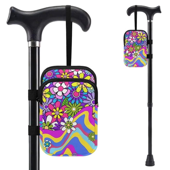 COEQINE Forearm Crutch Bag Walking Cane Accesories Hippie Flower Purple Elbow Crutch Storage Organizer, 2 Zippered Pockets, Lightweight, Hands-Free, for Adults & Seniors