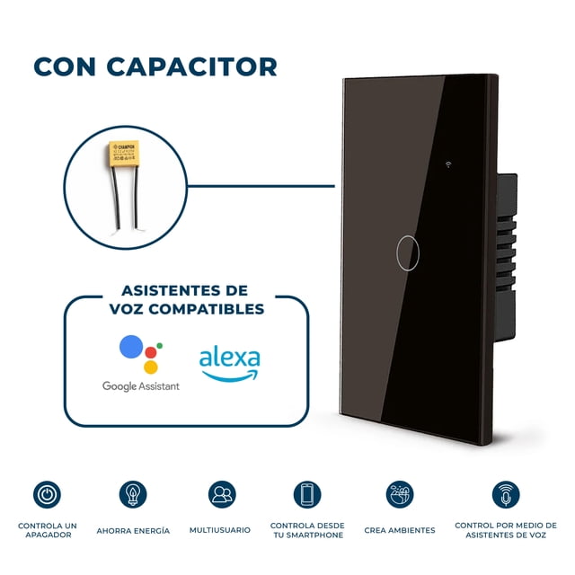 Interruptor Inteligente Wifi Aksi Negro 1 Apagador, Incluye Capacitor, con y sin Neutro, Alexa y Google Assistant