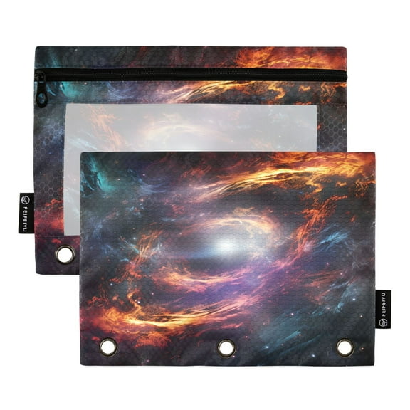 Colorful Galaxy with Swirling Nebulas 2 Pack Pencil Pouch for 3 Ring Binder Smooth Zipper Folders with Pockets Clear Window Pencil Case