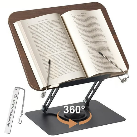 ZYNERY Book Stand for Reading, Book Holder with Bookmarks, Height & Angle Adjustable, 360° Rotating Base, Foldable and Portable, Lightweight for Office, Kitchen, Recipe, Tablets, Laptops