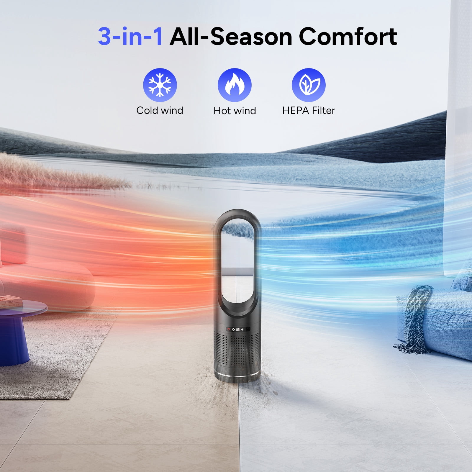 Faryuan 3 In 1 Tower Fan 10-Speed Cooling Heating Bladeless HEPA Filter Oscillating with Remote Control 8H Timer Floor Fan