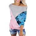 thumbnail image 1 of Pompotops T-Shirt à Épaules Dénudées Patchwork Imprimé pour Femmes Manches Courtes Décontracté, 1 of 5