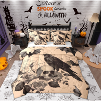 Manfei Halloween Crow Teens Bedding Comforter Set 7pcs, Gothic Romantic Skeleton King Bedding Sets, Spider Web Reversible Bed Sheets, Luxury Bedroom Decor