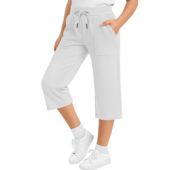 Ixbnca Boys Girls Capri Pants Casual Drawstring High Rise Pants Loose Straight Solid Color Pockets Cropped Pants