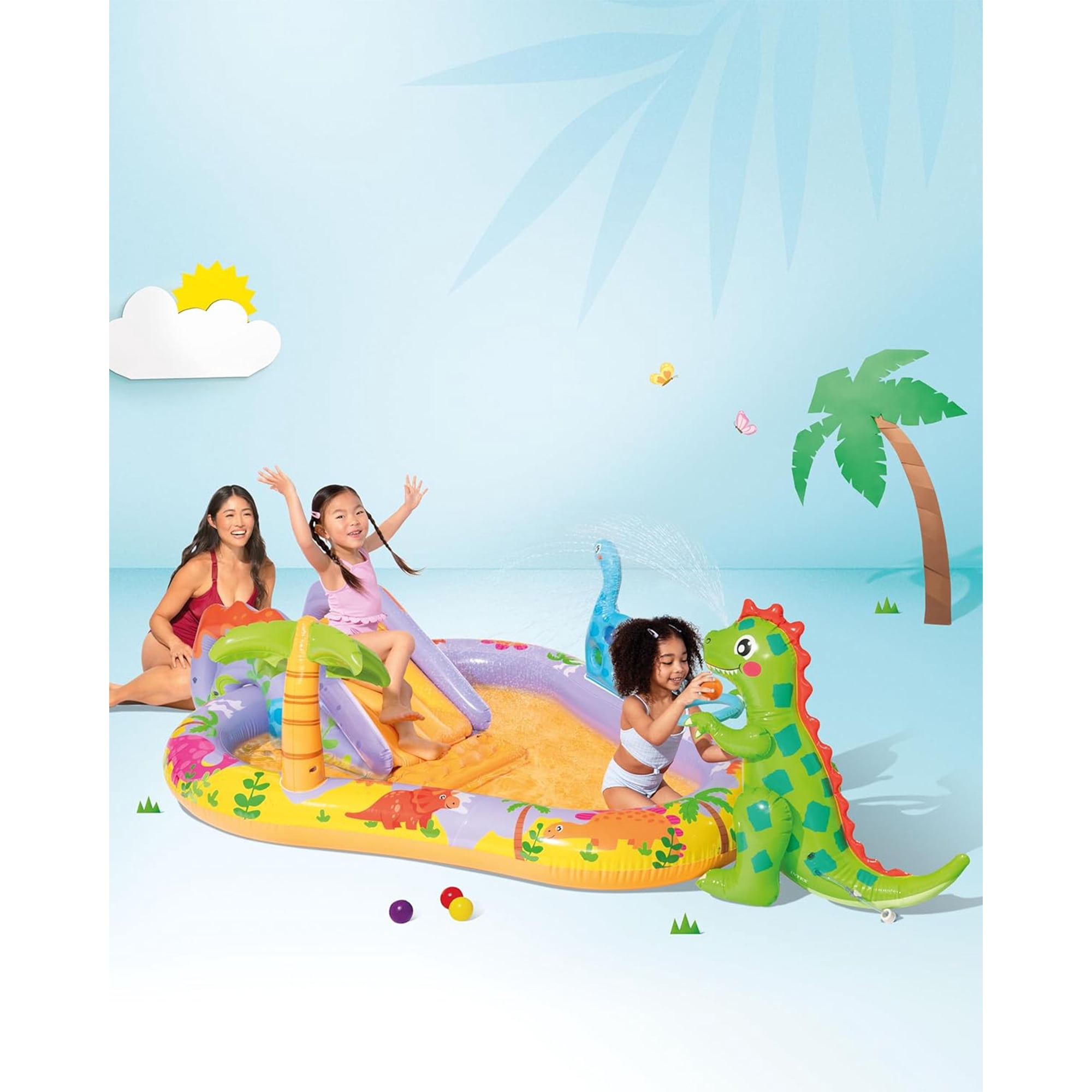 INTEX Dino Park Inflatable Kiddie Pool, Kids Play Center w/ Sprayer, Slide, & Splash Pad